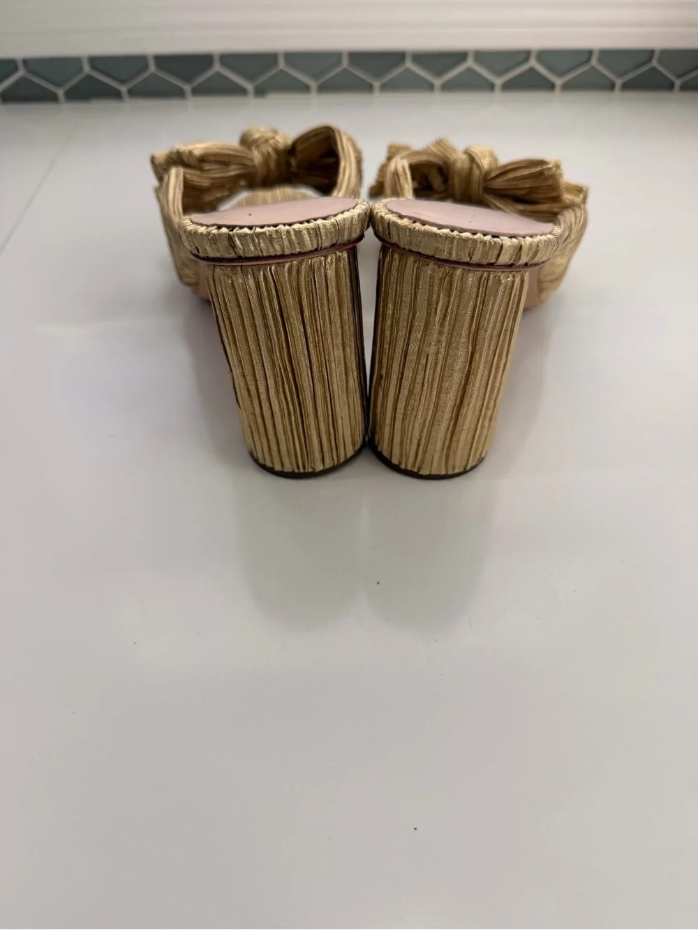 Loeffler Randall Metallic Gold Knotted Bow Block Heel Mules - Picture 3 of 10
